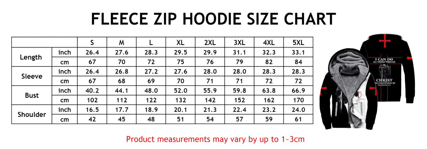 fleece zip hoodie size chart