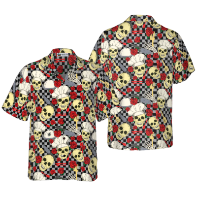 OrangePrints.com -Skulls in Chef Hats and Red Roses Patterned Hawaiian Shirt