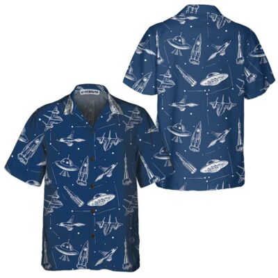OrangePrints.com -Space Aircraft Seamless Pattern Hawaiian Shirt, Navy Aircraft Aviation shirt For Men