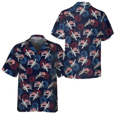 OrangePrints.com -A-26 Invader Aircraft Hawaiian Shirt, American Flag And Firework Military Airplane Shirt For Men