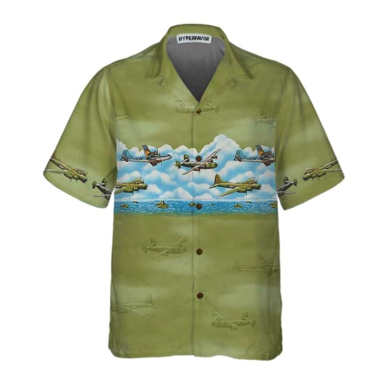 Orange prints front of Vintage Aircraft Camo Pattern Hawaiian Shirt, Military Aircraft Aviation Shirt For Men