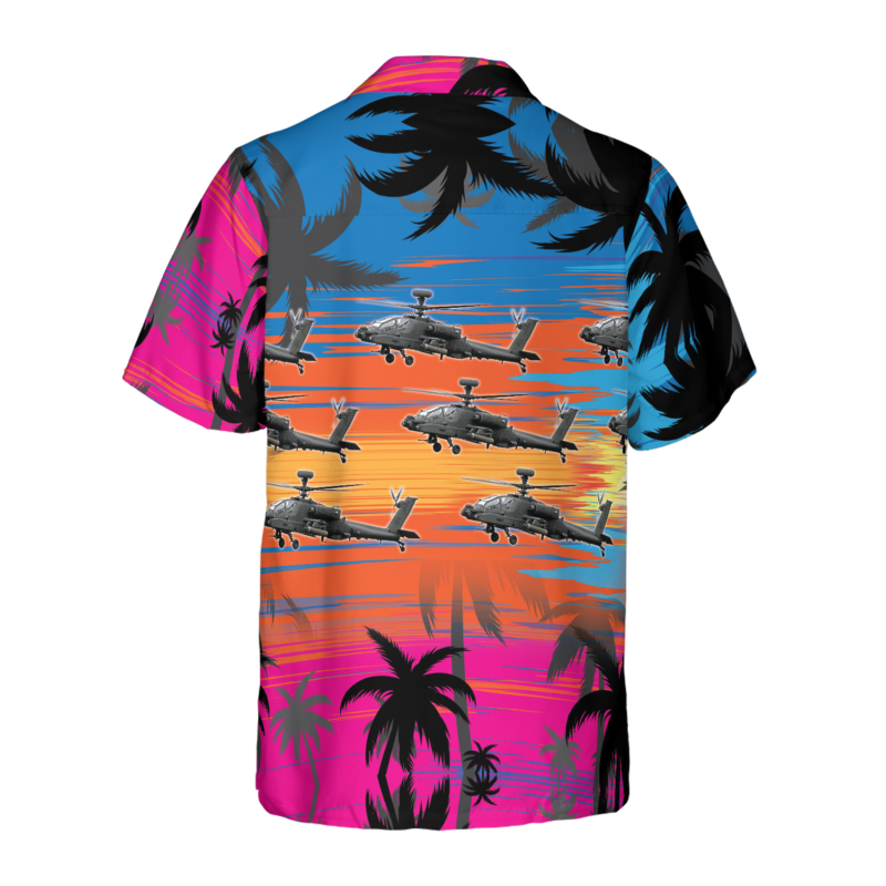 Orange prints back of Helicopter Flies Dawn Sky Hawaiian Shirt