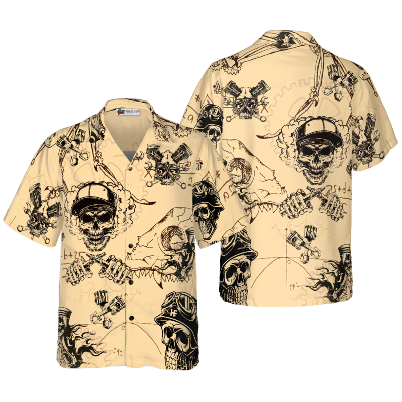 OrangePrints.com -Skull On Retro Mechanism Background Hawaiian Shirt