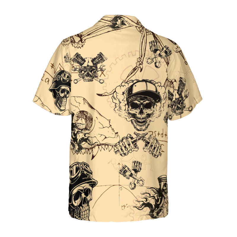 Orange prints back of Skull On Retro Mechanism Background Hawaiian Shirt