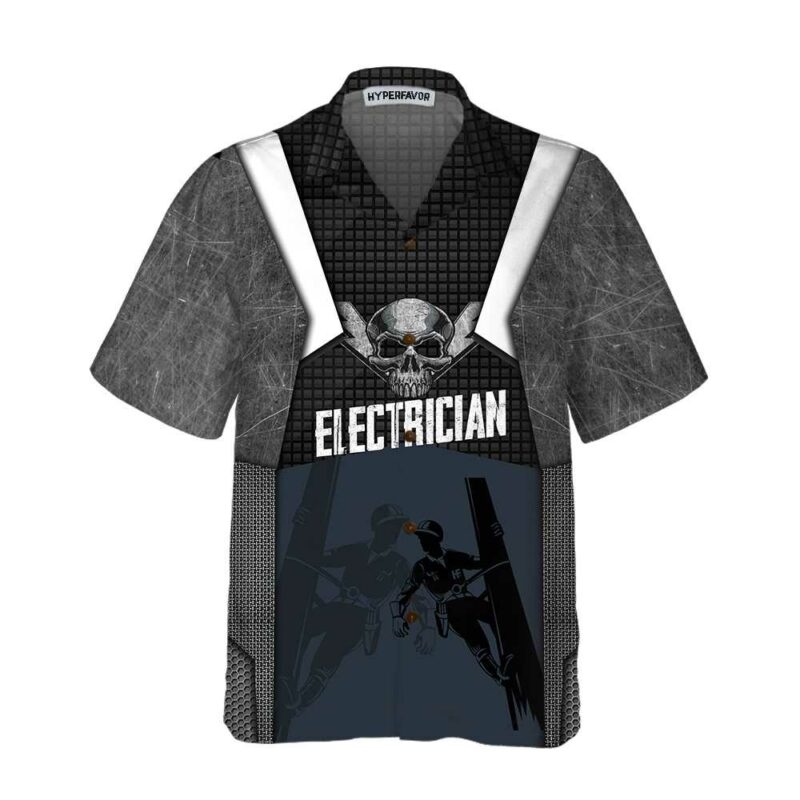 Orange prints front of Skilled Electricians Skull Black Electrician Hawaiian Shirt For Men