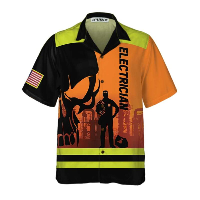 Orange prints front of Electrician Skull Hawaiian Shirt, Electrician Shirt For Men, Unique Electrician Shirt