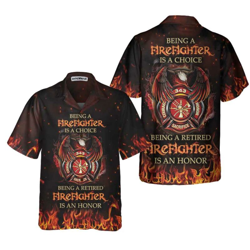 Orange prints front of Retired Firefighter Hawaiian Shirt, Honor Fireman Shirt For Men, Best Gift For Firefighters