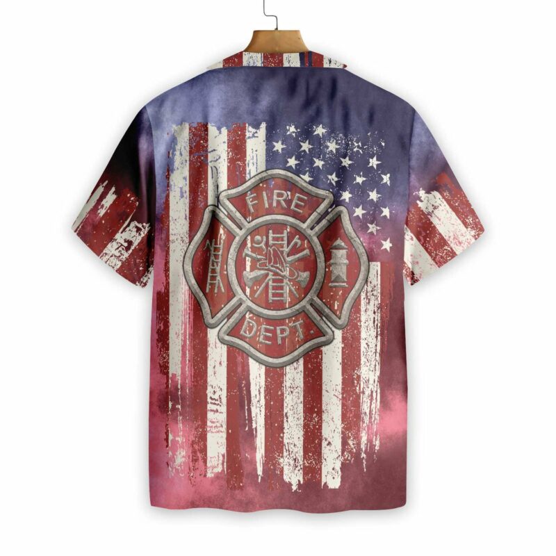 Orange prints back of American Flag Fire Dept Firefighter Hawaiian Shirt, Fire Department Logo Firefighter Shirt For Men