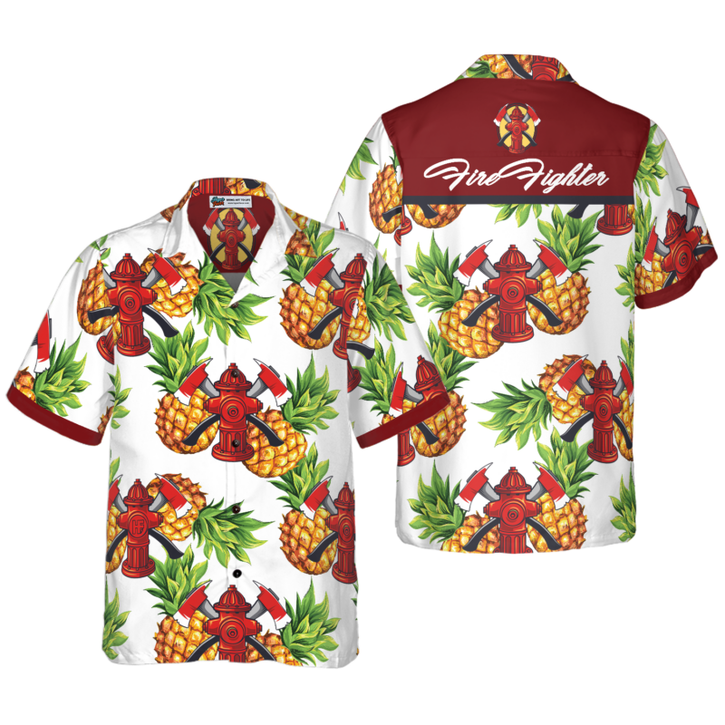 OrangePrints.com -Pineapple Seamless Pattern Firefighter Hawaiian Shirt, Cross Axes Tropical Firefighter Shirt For Men