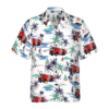 Orange prints front of Fire Truck Friend Of Firefighter Hawaiian Shirt, White Tropical Red Fire Truck Firefighter Shirt For Men