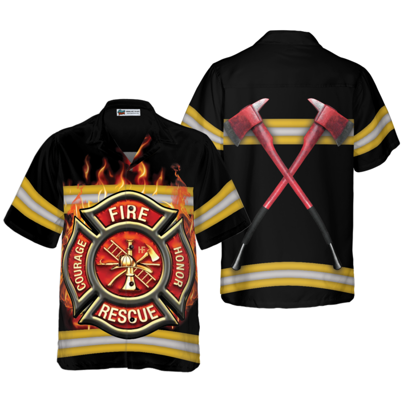 OrangePrints.com -Courage And Honor Fire Dept Badge Firefighter Hawaiian Shirt, Uniform And Cross Axes Firefighter Shirt For Men