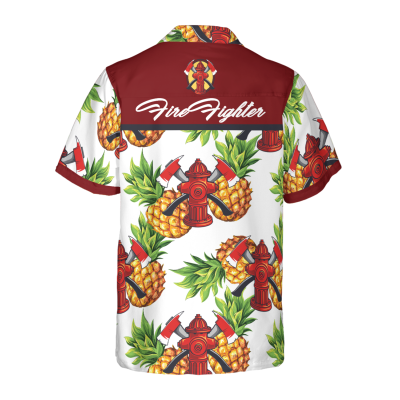 Orange prints back of Pineapple Seamless Pattern Firefighter Hawaiian Shirt, Cross Axes Tropical Firefighter Shirt For Men
