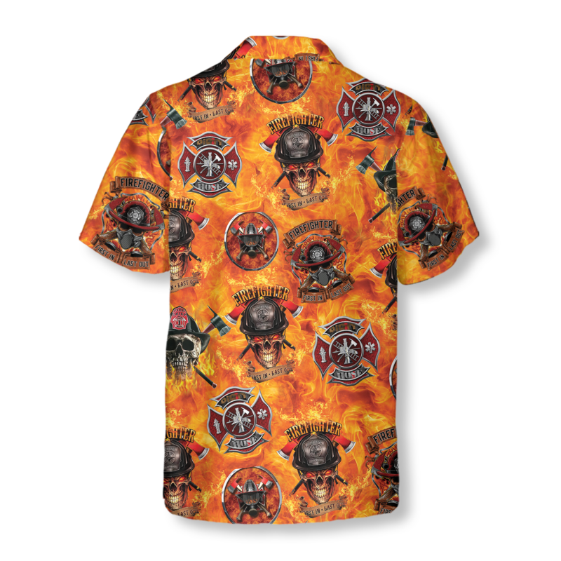 Orange prints back of First In Last Out Firefighter Hawaiian Shirt, Viking Style Flame Skull Shield Firefighter Shirt For Men