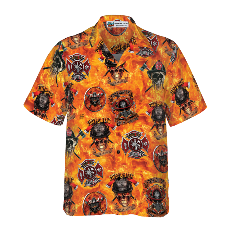 Orange prints front of First In Last Out Firefighter Hawaiian Shirt, Viking Style Flame Skull Shield Firefighter Shirt For Men