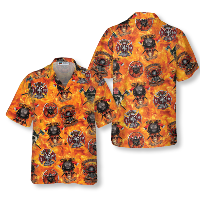 Orange prints model First In Last Out Firefighter Hawaiian Shirt, Viking Style Flame Skull Shield Firefighter Shirt For Men