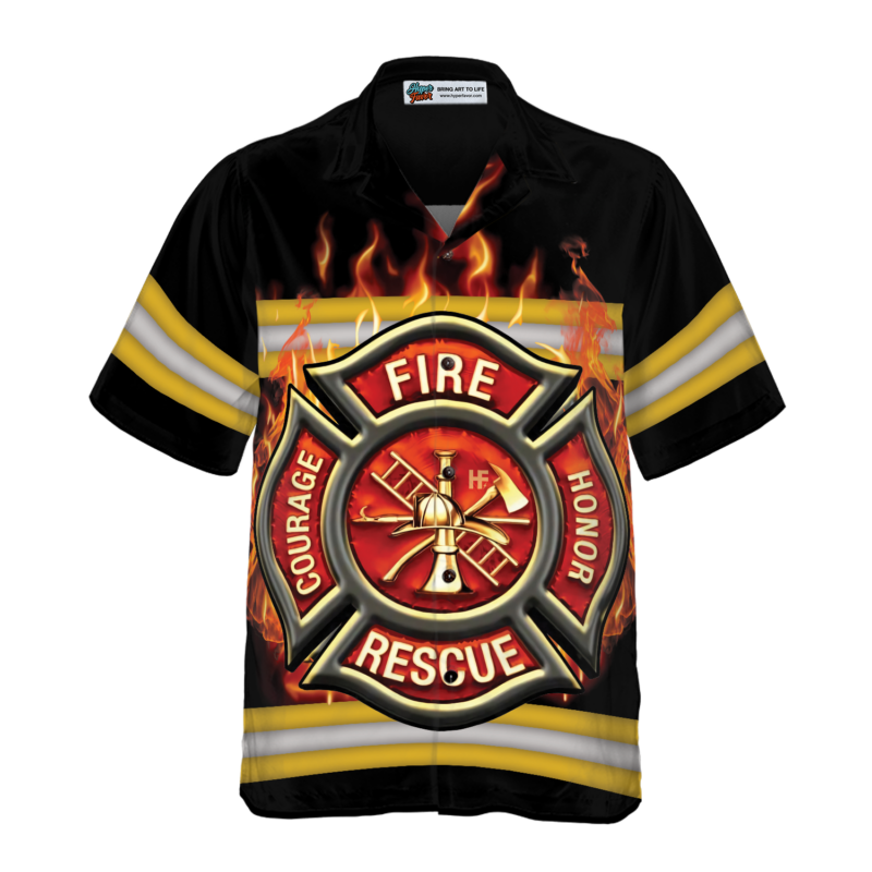 Orange prints front of Courage And Honor Fire Dept Badge Firefighter Hawaiian Shirt, Uniform And Cross Axes Firefighter Shirt For Men