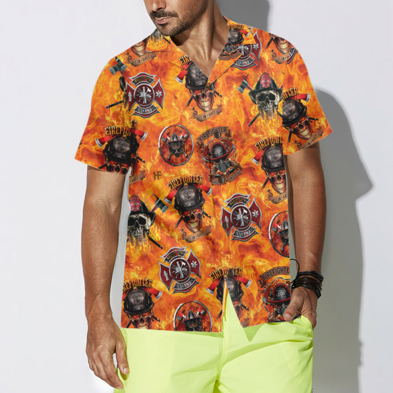 Orange prints model First In Last Out Firefighter Hawaiian Shirt, Viking Style Flame Skull Shield Firefighter Shirt For Men