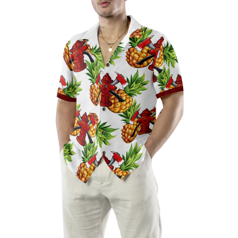 Orange prints model Pineapple Seamless Pattern Firefighter Hawaiian Shirt, Cross Axes Tropical Firefighter Shirt For Men