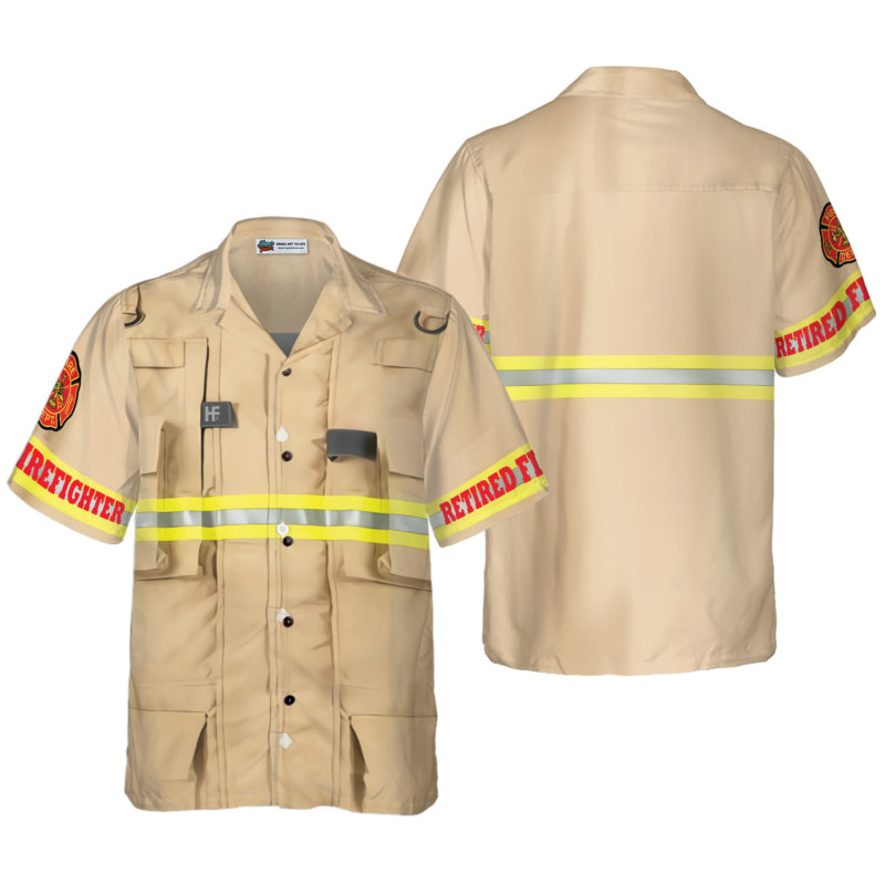 OrangePrints.com -Proud Retired Firefighter Hawaiian Shirt, Cream Life Vest Work Uniform Fire Dept Logo Firefighter Shirt For Men