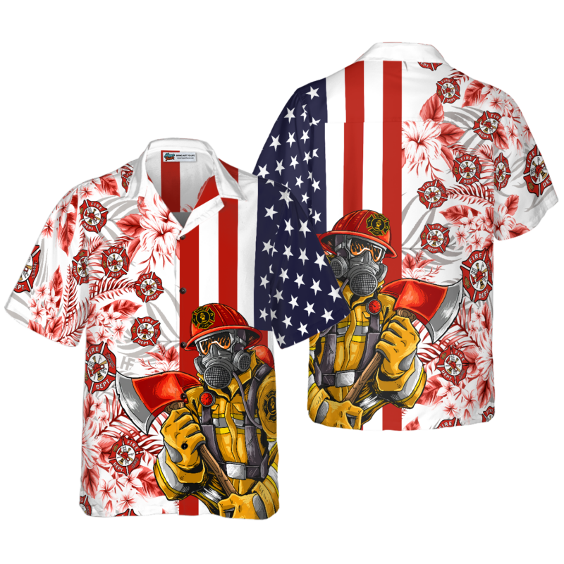 OrangePrints.com -Firefighter American Flag Tropical Firefighter Hawaiian Shirt, Texas Bluebonnet Fire Dept Logo Firefighter Shirt For Men