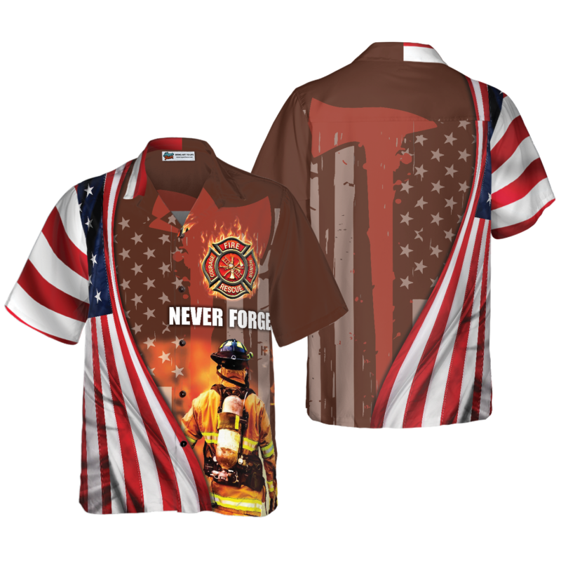 OrangePrints.com -Never Forget Retired Firefighter American Flag Hawaiian Shirt, Red Axe And Logo Proud Firefighter Shirt For Men