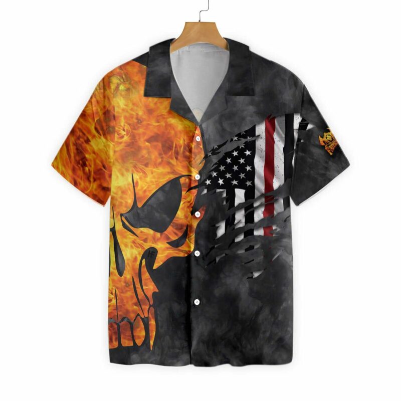 Orange prints front of Firefighter And Flame Skull Firefighter Hawaiian Shirt, Firefighter Cross Axes Ripped American Flag Firefighter Shirt
