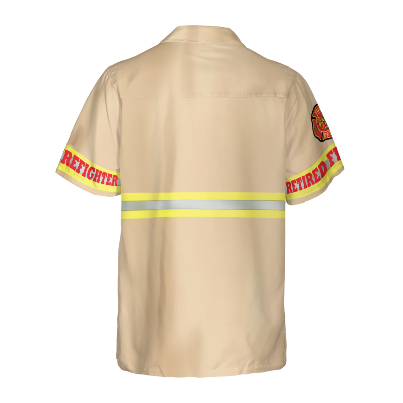 Orange prints back of Proud Retired Firefighter Hawaiian Shirt, Cream Life Vest Work Uniform Fire Dept Logo Firefighter Shirt For Men