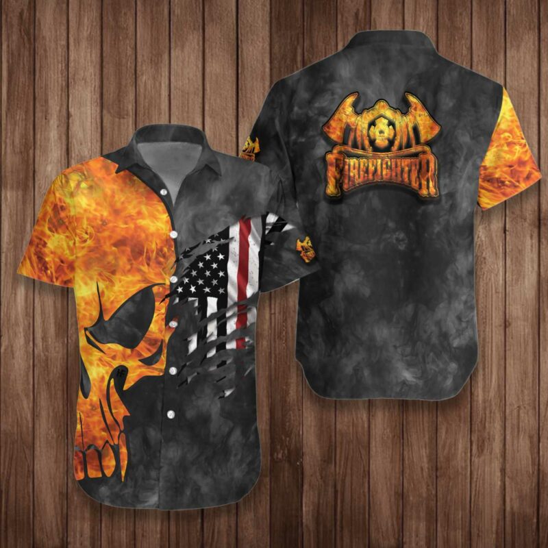 Orange prints model Firefighter And Flame Skull Firefighter Hawaiian Shirt, Firefighter Cross Axes Ripped American Flag Firefighter Shirt