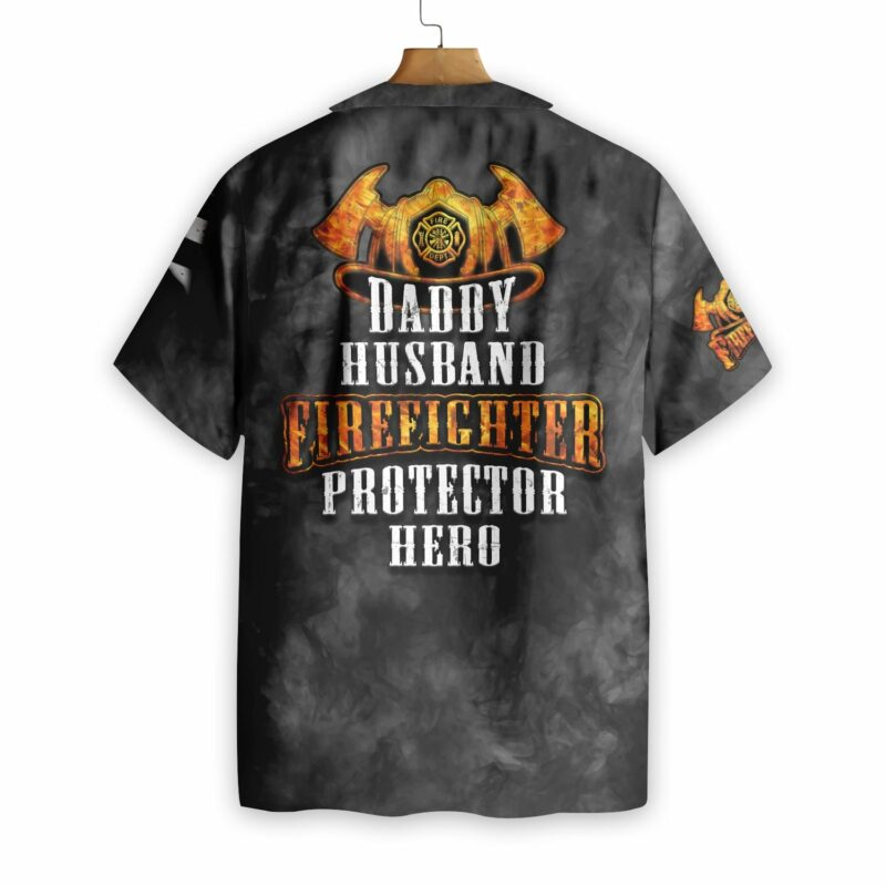Orange prints back of Husband Daddy Firefighter Protector Hero Firefighter Hawaiian Shirt, Black Ripped American Flag Firefighter Shirt For Men