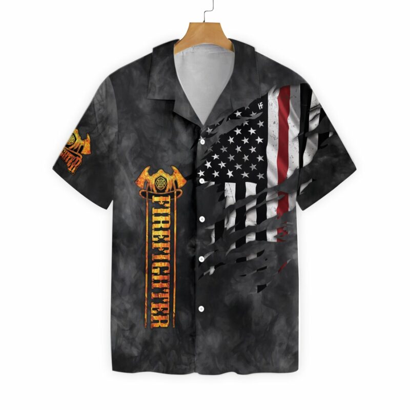 Orange prints front of Husband Daddy Firefighter Protector Hero Firefighter Hawaiian Shirt, Black Ripped American Flag Firefighter Shirt For Men