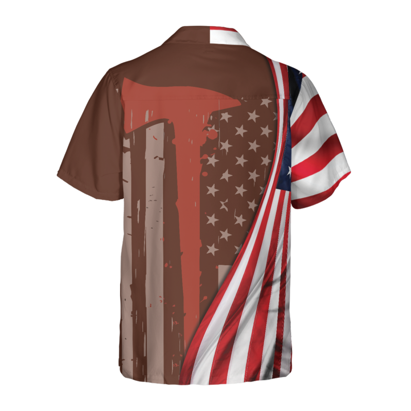 Orange prints back of Never Forget Retired Firefighter American Flag Hawaiian Shirt, Red Axe And Logo Proud Firefighter Shirt For Men