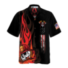 Orange prints front of Firefighter Skull Flame Black American Flag Hawaiian Shirt, First In Last Out Firefighter Hawaiian Shirt For Men