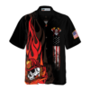 Orange prints front of Firefighter Skull Flame Black American Flag Hawaiian Shirt, Fire Dept Logo Firefighter Hawaiian Shirt For Men