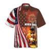 Orange prints front of Never Forget Retired Firefighter American Flag Hawaiian Shirt, Red Axe And Logo Proud Firefighter Shirt For Men