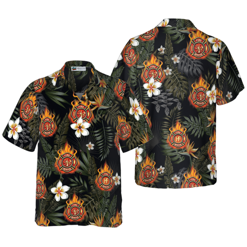 OrangePrints.com -Firefighter Logo On Flame And Black Tropical Seamless Firefighter Hawaiian Shirt, Floral Firefighter Shirt For Men