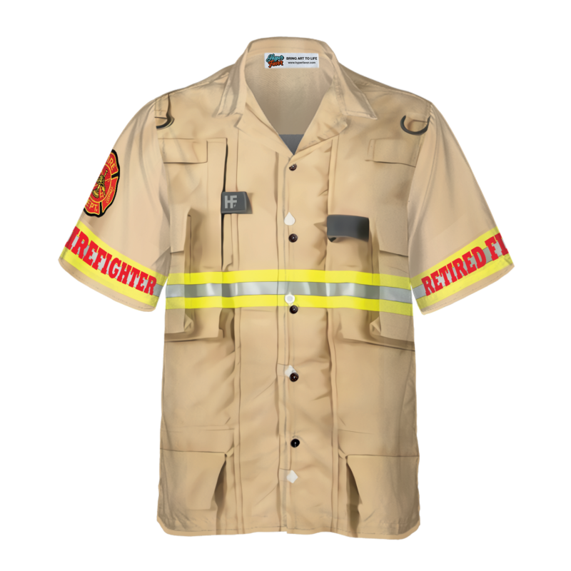 Orange prints model Proud Retired Firefighter Hawaiian Shirt, Cream Life Vest Work Uniform Fire Dept Logo Firefighter Shirt For Men