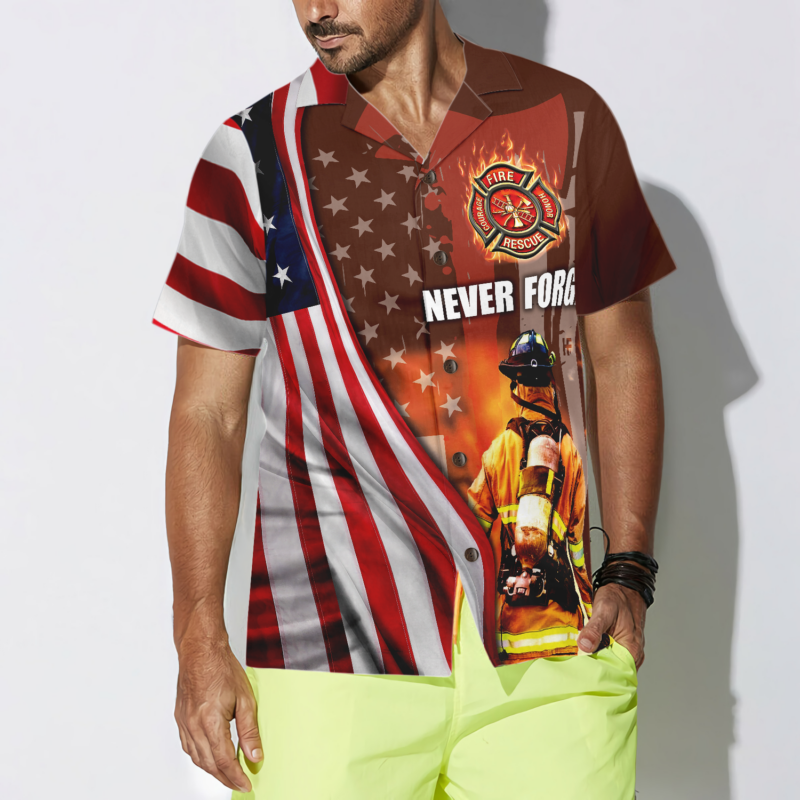 Orange prints model Never Forget Retired Firefighter American Flag Hawaiian Shirt, Red Axe And Logo Proud Firefighter Shirt For Men