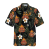 Orange prints front of Firefighter Logo On Flame And Black Tropical Seamless Firefighter Hawaiian Shirt, Floral Firefighter Shirt For Men