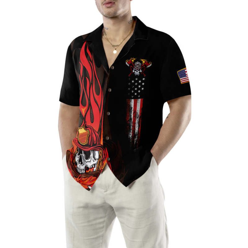 Orange prints model Firefighter Skull Flame Black American Flag Hawaiian Shirt, Fire Dept Logo Firefighter Hawaiian Shirt For Men