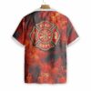 Orange prints back of Firefighter Flag And Logo Hawaiian Shirt, Red Flame Background American Flag Firefighter Shirt For Men