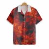 Orange prints front of Firefighter Flag And Logo Hawaiian Shirt, Red Flame Background American Flag Firefighter Shirt For Men