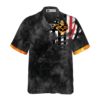 Orange prints front of Firefighter Golden Skull And Ripped American Flag Firefighter Hawaiian Shirt, Black And Gold Firefighter Shirt For Men