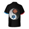 Orange prints back of Firefighter And Paramedic Yin And Yang Firefighter Hawaiian Shirt, Red Fire Dept Logo And Blue Star Of Life Firefighter Shirt For Men