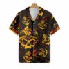 Orange prints front of All In All Out Axe Firefighter Hawaiian Shirt, Dark Red And Yellow Skull Firefighter Shirt For Men