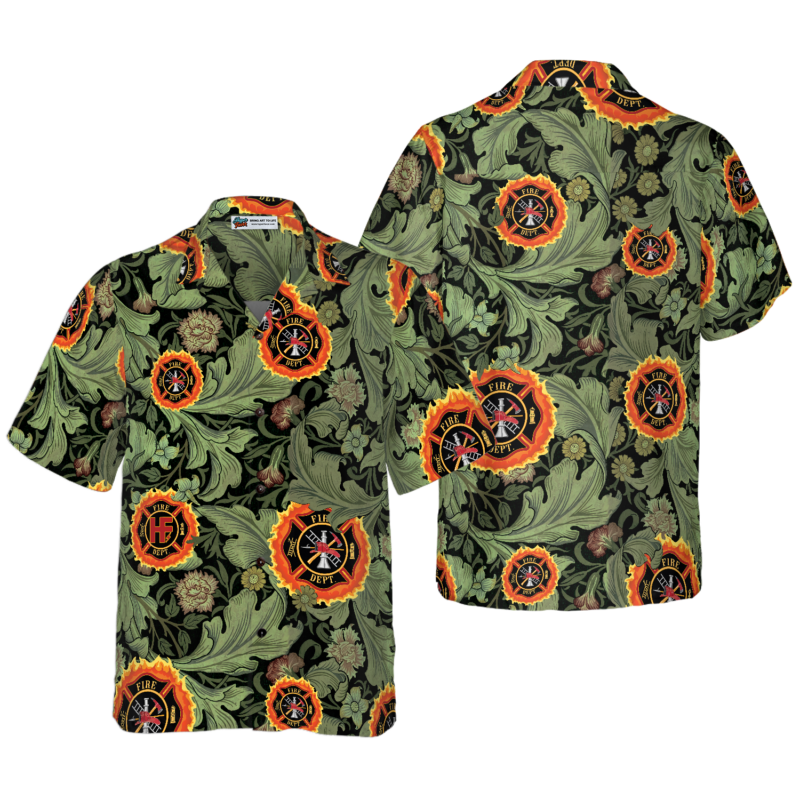 OrangePrints.com -Fire Rescue Proud Firefighter Hawaiian Shirt, Floral And Leaves Fire Dept Logo Firefighter Shirt For Men