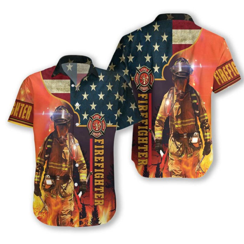 OrangePrints.com -Firefighter With American Flag Hawaiian Shirt, Fire Rescue Firefighter On Duty Hawaiian Shirt For Men