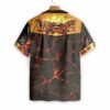 Orange prints back of All In All Out In Fire Firefighter Hawaiian Shirt, Fire Truck On Flame Firefighter Shirt For Men
