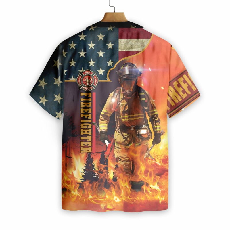 Orange prints back of Firefighter With American Flag Hawaiian Shirt, Fire Rescue Firefighter On Duty Hawaiian Shirt For Men