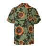 Orange prints back of Fire Rescue Proud Firefighter Hawaiian Shirt, Floral And Leaves Fire Dept Logo Firefighter Shirt For Men