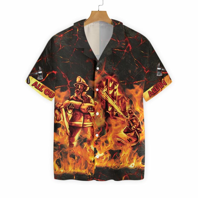 Orange prints front of All In All Out In Fire Firefighter Hawaiian Shirt, Fire Truck On Flame Firefighter Shirt For Men